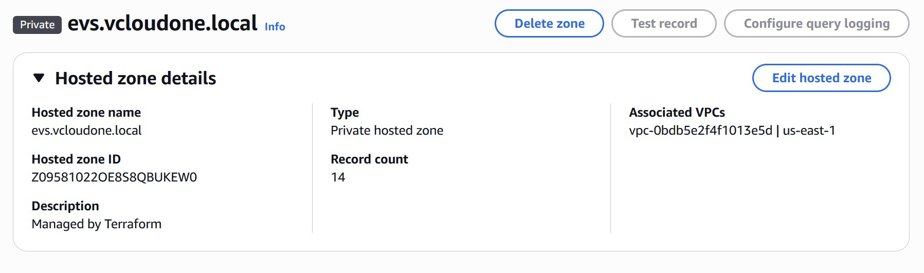 Route 53 private hosted zone for EVS