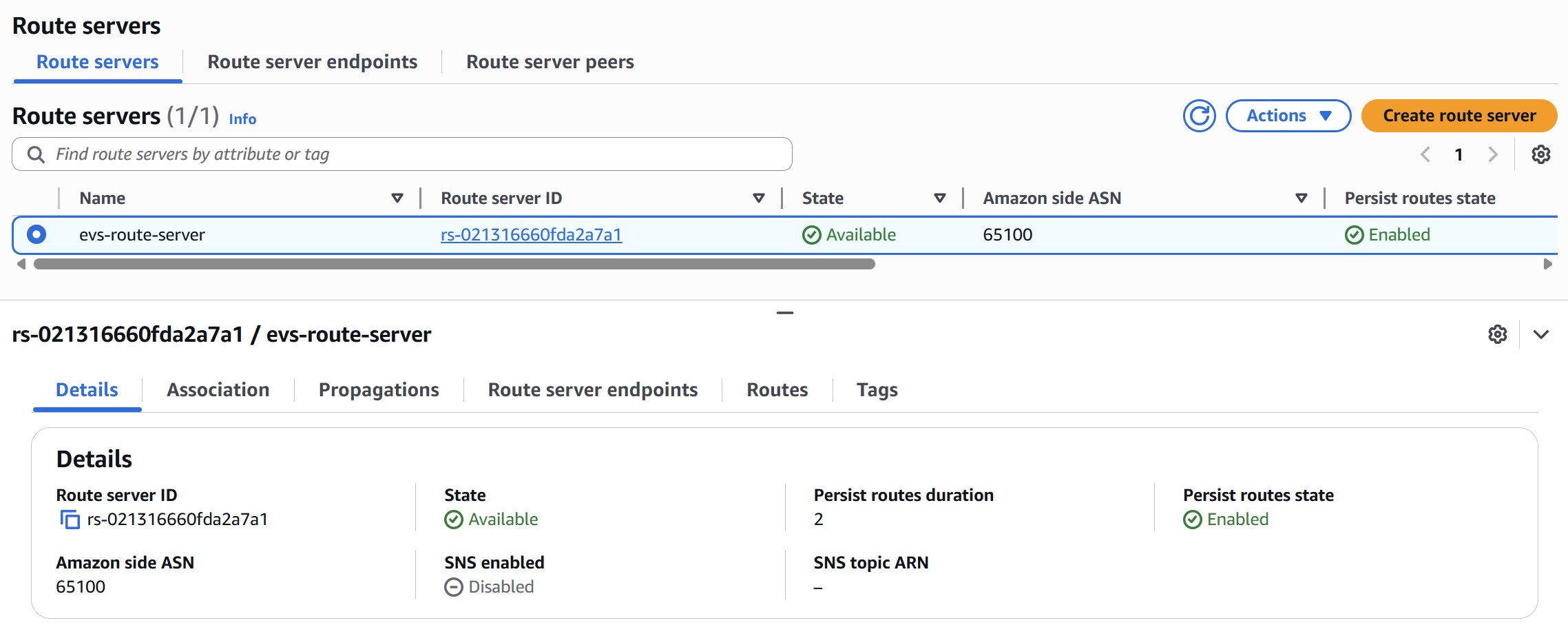 VPC Route Server creation in AWS console